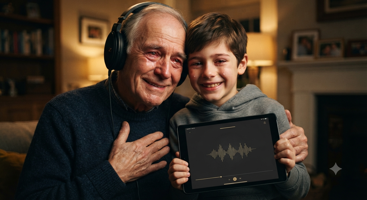 Pai e filho emocionados ouvindo uma canção personalizada juntos